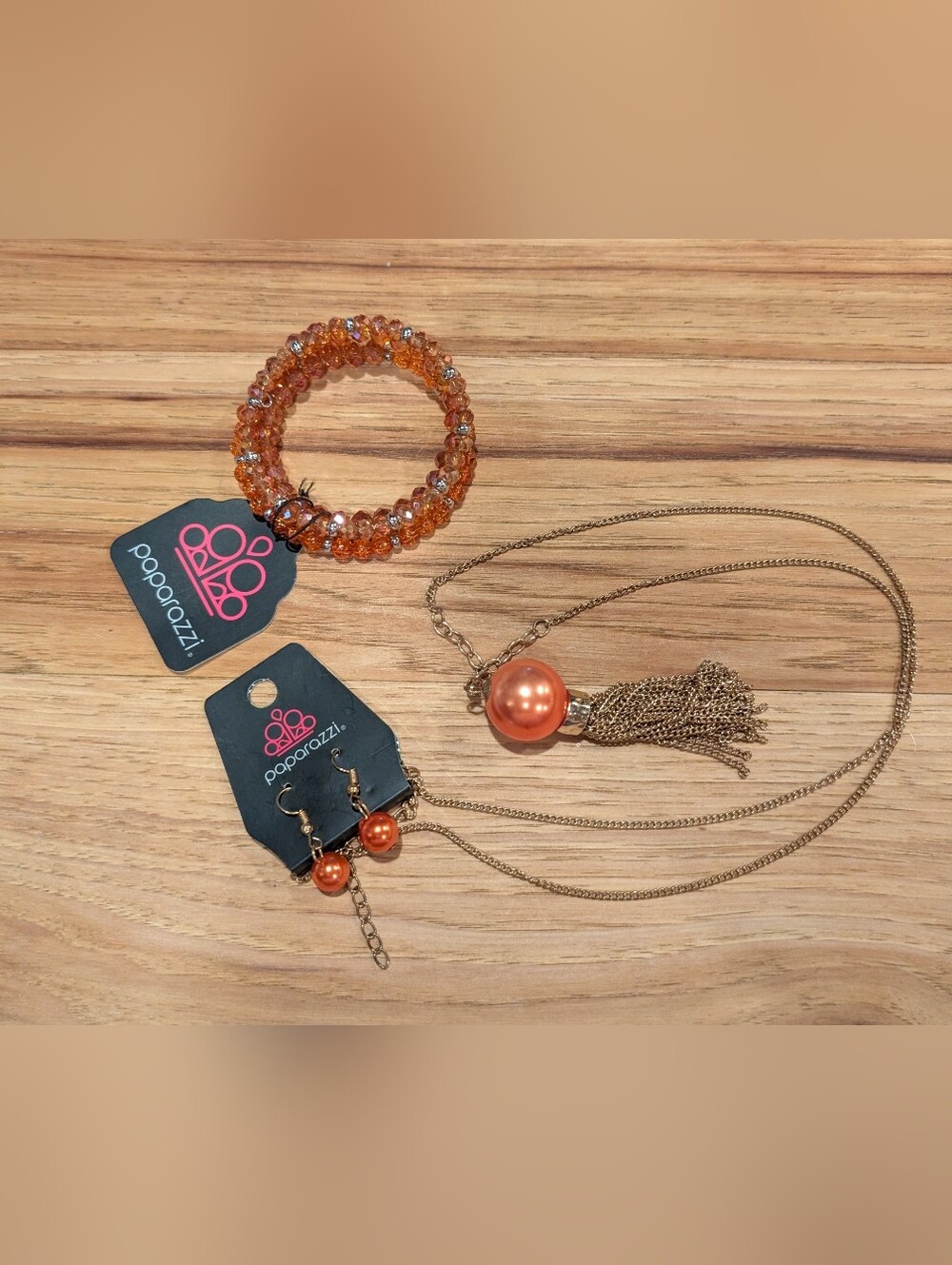 Paparazzi Orange Pearl Tassel Necklace, Bracelet & Earring Set